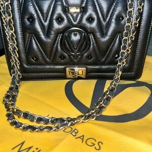 Valentina Black Quilted Shoulder Bag with Gold Chain
